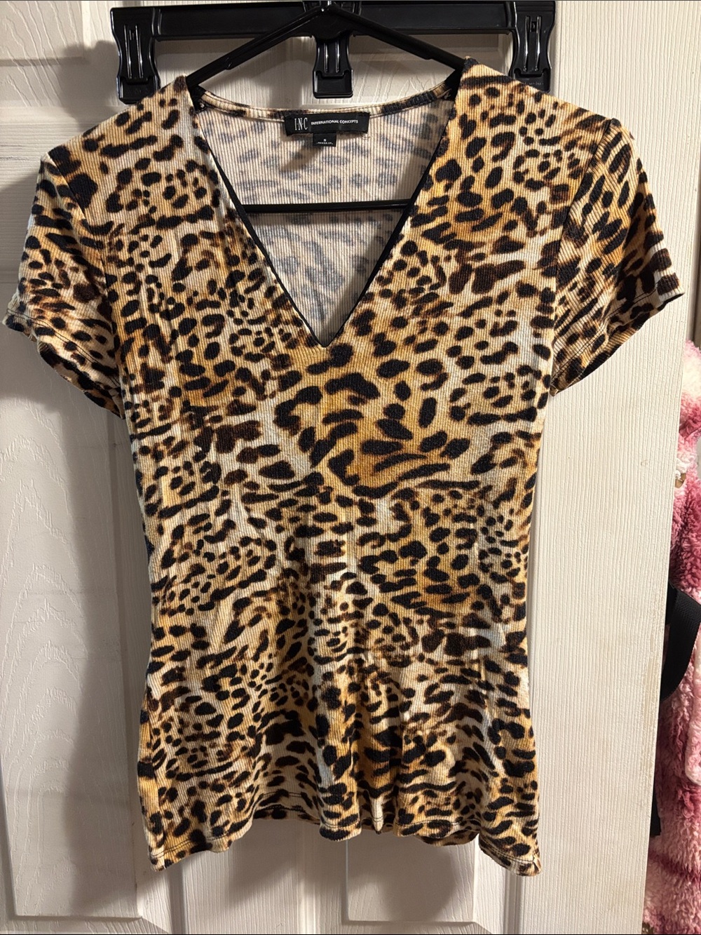 INC International Concepts Leopard Print V-Neck Short Sleeve Top - Brown/Black